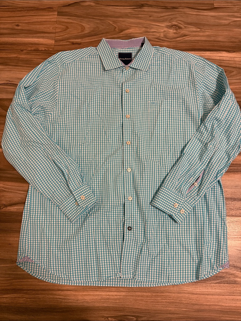 Tommy Bahama Mens XL Blue White Gingham Pima Cotton Long Sleeve Button Down